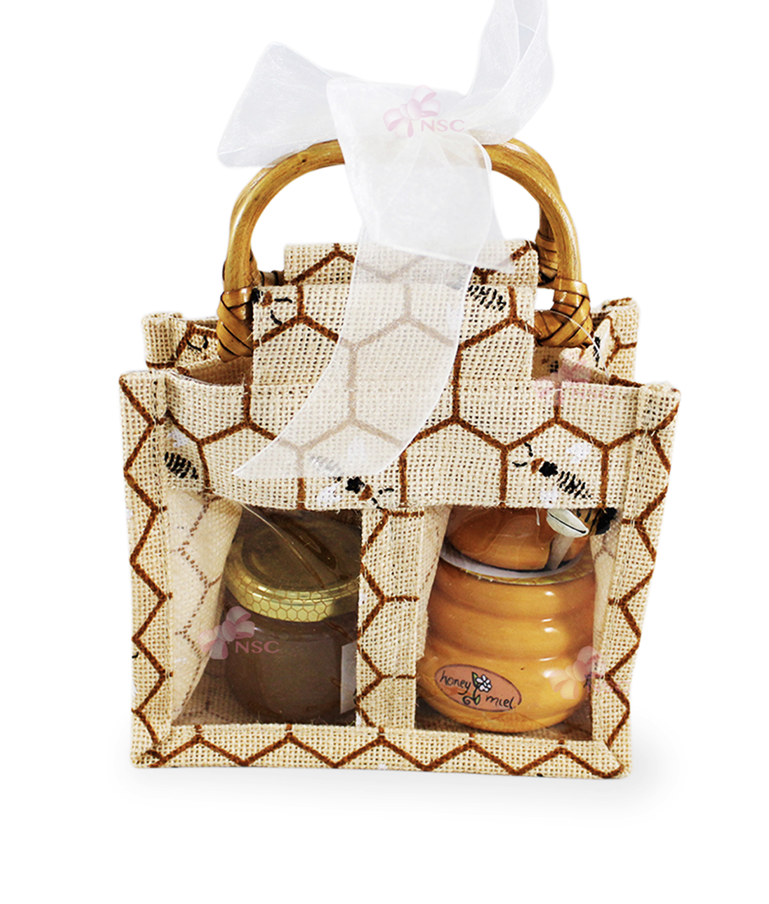Bomboniera Santa Cresima in vasetti miele, decorazione TAO in legno